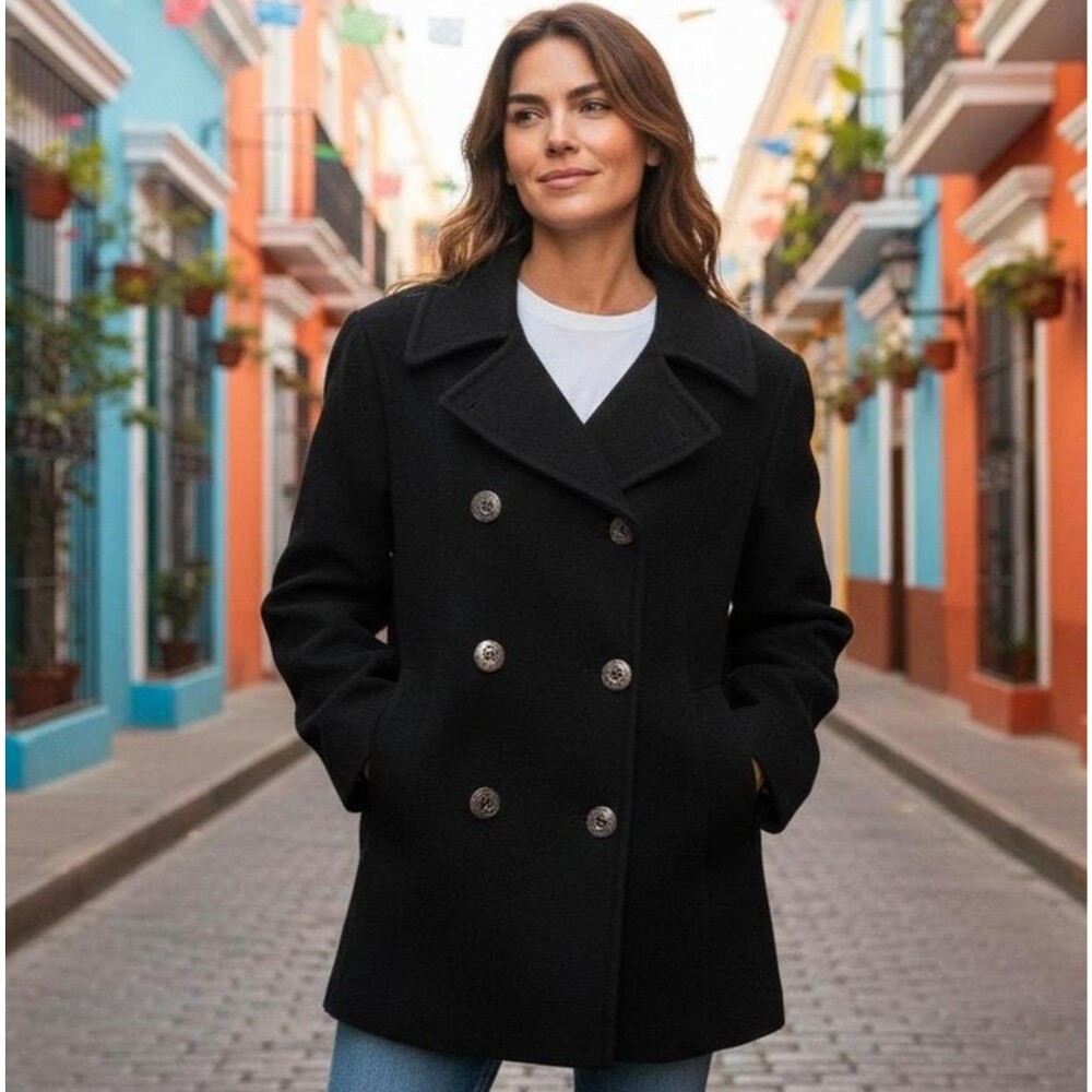 LL Bean Wool Cashmere Double Breasted Pea Coat Womens Sz 14 Black Preppy Classic